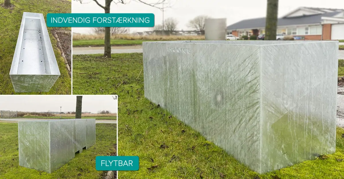Flytbar plantekasse i galvaniseret stål står i en privat have