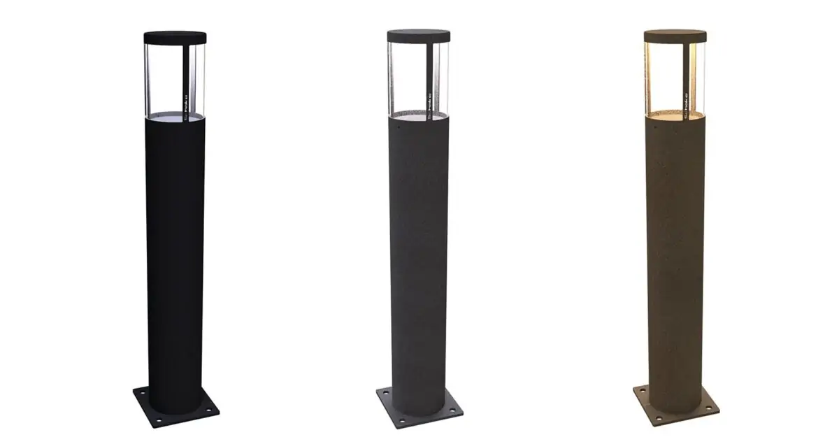 tre forskellige varianter af klassisk pullert i galvaniseret stål og malet i sort med en indbygget LED lampe