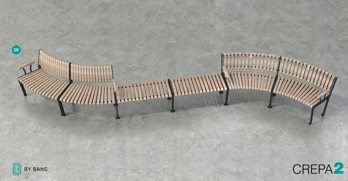 Modulopbygget bænk med og uden rygstøtte i galvaniseret stål og beklædt med hårdttræ